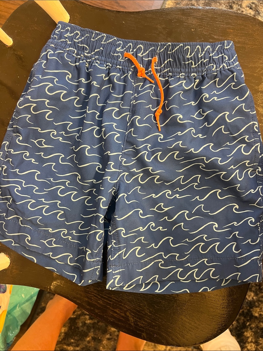 Crewcuts Blue Wave-Print Swim Trunks with Orange Drawcord